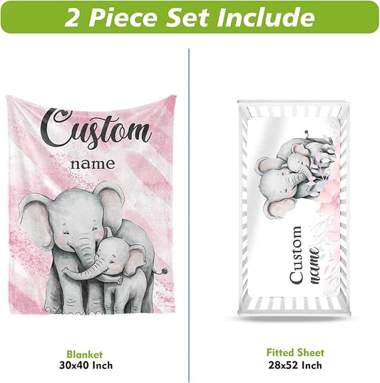 Personalized Crib Bedding Set for Boys Girls, Custom Baby Crib Sets with Name, Pink Elephant Design Nursery Bedding 2 Piece - Soft Blanket with Double Layer Dotted Backing, Crib Fitted Sheet