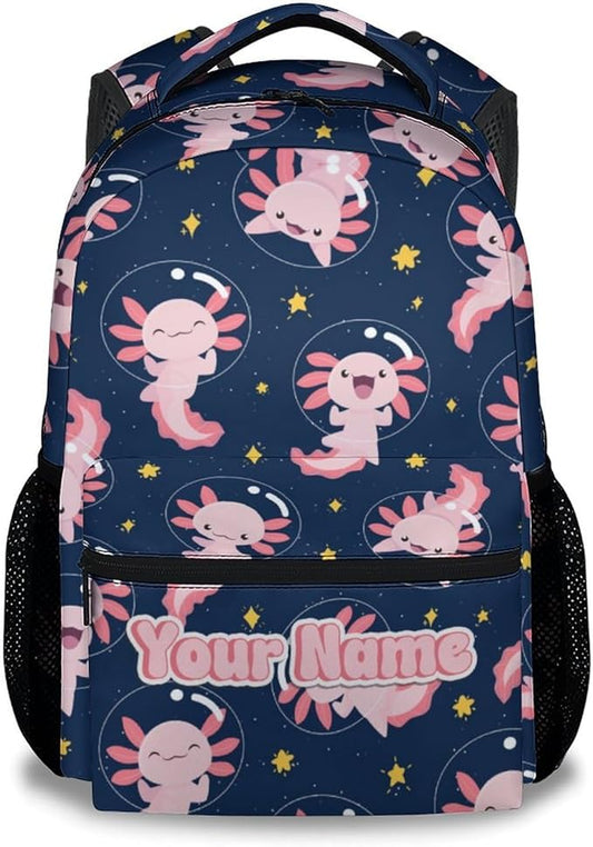 COZYAURA Custom School Bags for Girls - Cute Axolotl Travel Backpack for Kids - 17 Inch Black Bookbag for Elementary Middle School - Back to School Supplies