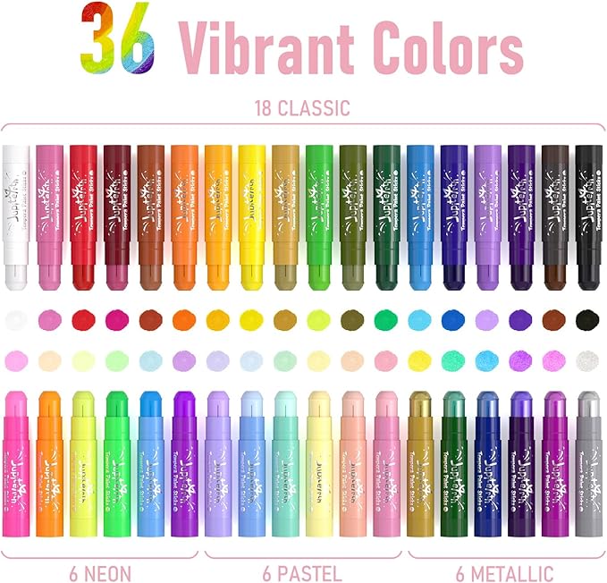 JUPITEARTH 36 Colors Tempera Paint Sticks with 120 PDF Coloring Pages and 30 Stickers, Quick Drying, Smooth, Non-Toxic and Washable Paint Sticks for Kids Drawing on Pumpkin, Wood, Rock, Glass