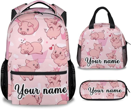 AIOMXZZ Personalized Pig Backpack with Lunch Box and Pencil Case, 16 Inch Cute Pig Bookbag Durable, Lightweight, Large Capacity, Funny Animal Backpack for School Girls Kids Women