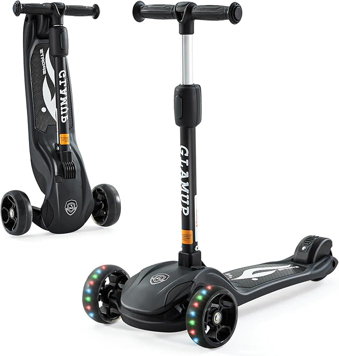 GLAMUP Kids Kick Scooter 3 Wheels, Kids Scooter Height Adjustable Handlebar, Lean-to-Steer System & Easy-Folding Mechanism, Ages 3-14 Boys and Girls