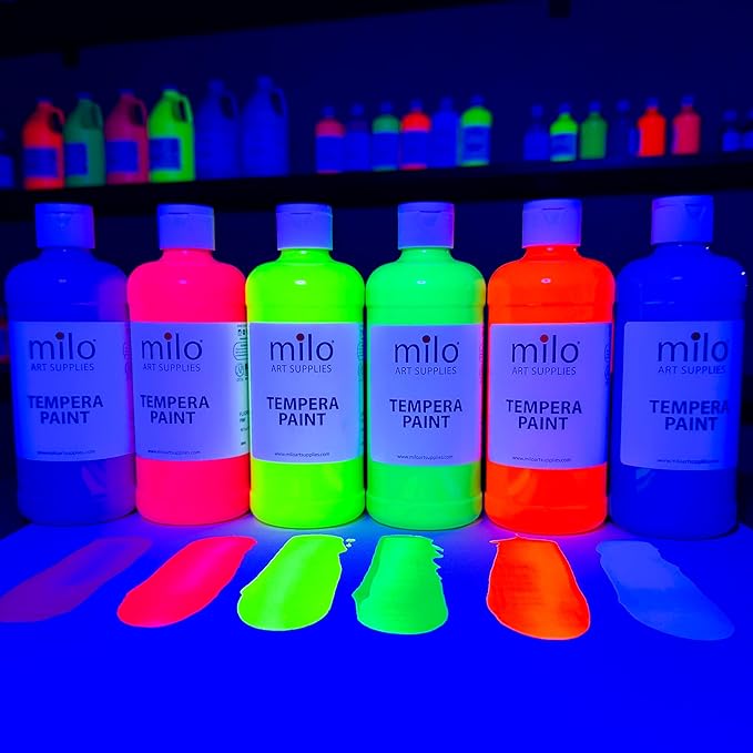 milo Fluorescent Neon Washable Paint | 16 oz Bottles 6 Colors | Made in the USA | Glows UV in Black Light | Safe & Non-Toxic Tempera Paint for Arts & Crafts, Poster, Window, Classroom, School, Project