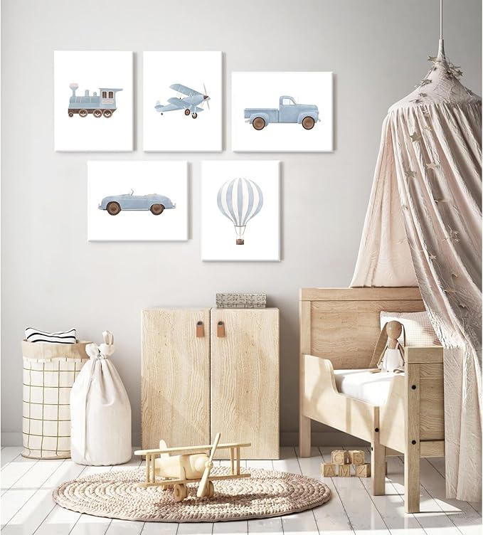 Blue Car Wall Art Decor Boys Room Canvas Poster Vintage Train Transportation Wall Art Watercolor Toddler Art Prints Blue Car Pictures Painting for Boy Bedroom Kids Nursery 8x10 Inch Framed Set of 5