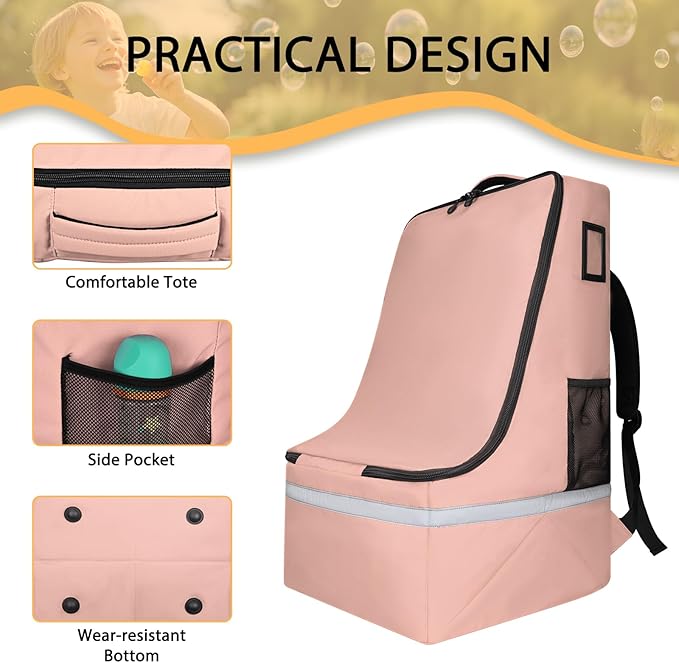 LARIPOP Car Seat Travel Bag for Airplane,Infant Seat Travel Bag with Shoulder Strap,Padded Car Seats Backpack with Reflective Stripes,Large Carseat Carrier Bag Travel Car Seat Cover,Flesh Pink