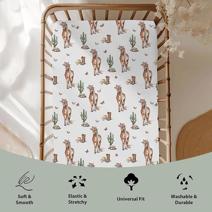 Cactus Horse Cowboy Baby Crib Sheets for Boy Girl 52x28Inch Cowboy Boots Hat Butterflies Soft Snug Fitted Crib Mattress Covers Western Horses Baby Sheet for Standard Crib & Toddler Bed Mattress