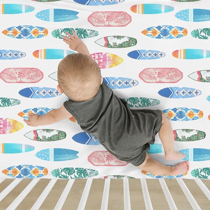 Colorful Surfboards Baby Crib Sheets for Boy Girl 52x28Inch Summer Surfing Soft Stretchy Fitted Crib Mattress Cover Boho Beach Vacation Travel Nursery Baby Sheet for Standard Crib & Toddler Mattress