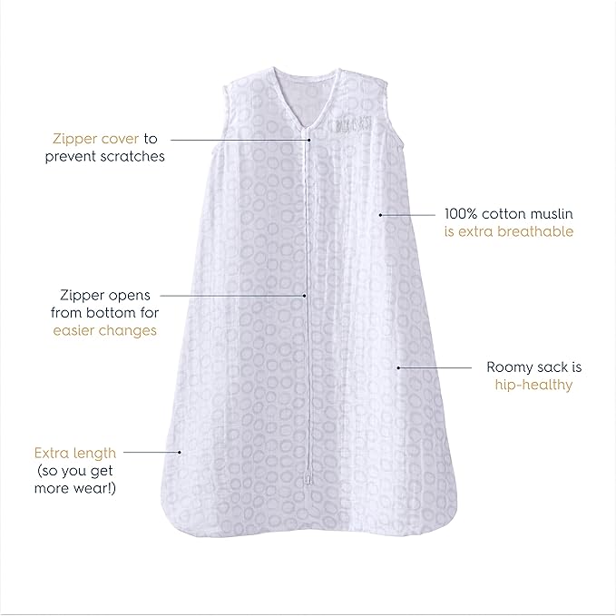 HALO 100% Cotton Muslin Sleepsack Wearable Blanket, TOG 0.5, Circles Grey, Medium
