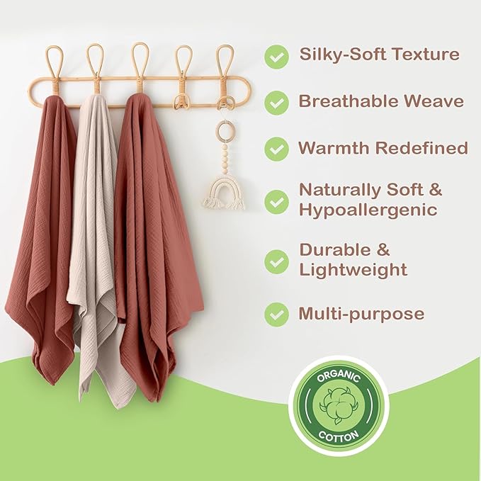 Organic Cotton Muslin Baby Blanket - 47x47 Inch Breathable Swaddle, Hypoallergenic Double-Layer, Versatile Use (Rust/Ivory, 47x47 Inch)