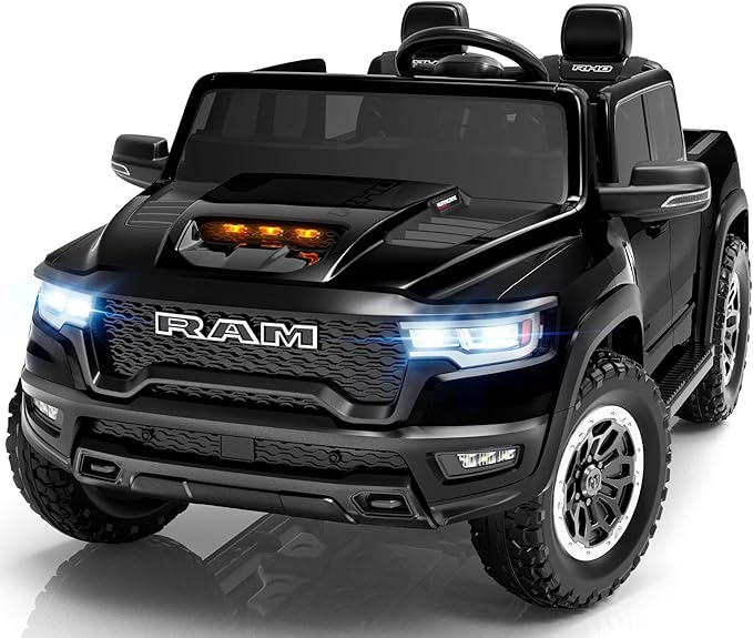 ENYOPRO 24V Ride on Toys for Big Kids, Licensed RAM 1500 RHO 2 Seater Toddlers Ride on Car w/Remote Control, Kids Electric Car w/Truck Bed Storage, Real Tailgate, Music, LED Lights (Black - High Door)