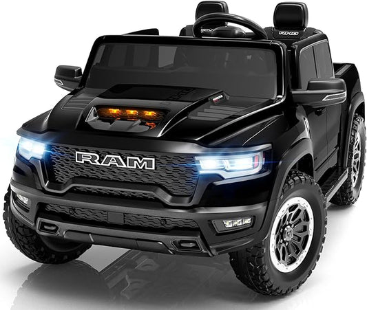 ENYOPRO 24V Ride on Toys for Big Kids, Licensed RAM 1500 RHO 2 Seater Toddlers Ride on Car w/Remote Control, Kids Electric Car w/Truck Bed Storage, Real Tailgate, Music, LED Lights (Black - High Door)