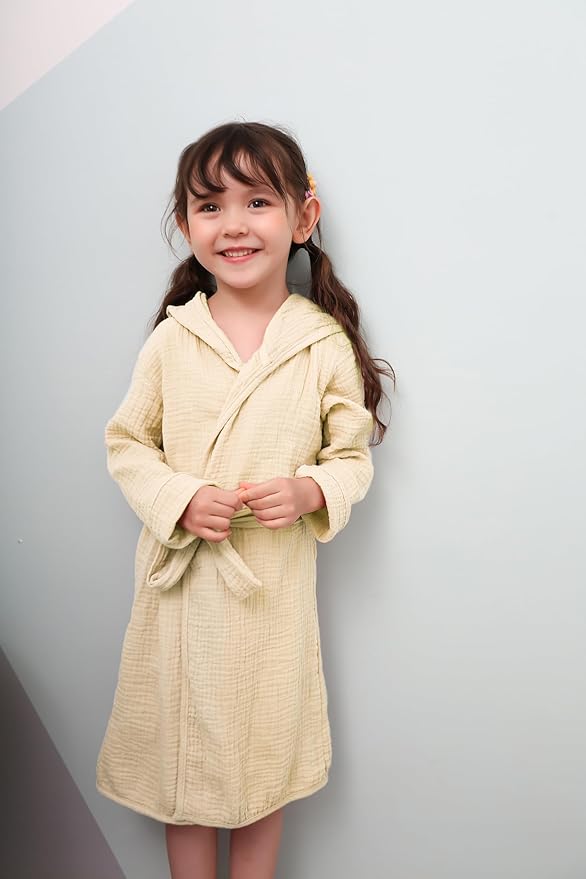 Organic Cotton Toddler Bathrobe, Soft and Breathable Baby Robe for Kid, Boy& Girl Hooded Robe Muslin