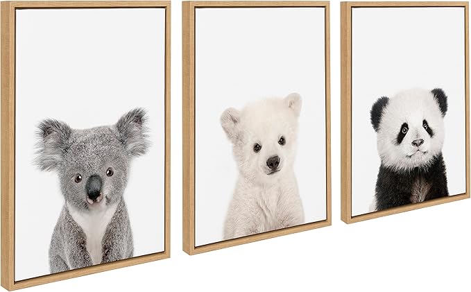 Kate and Laurel Sylvie Baby Polar Bear, Baby Panda Bear and Baby Koala Bear Framed Canvas Wall Art Set by Amy Peterson Art Studio, 3 Piece Set 18x24 Natural, Baby Animal Wall Art Décor Set