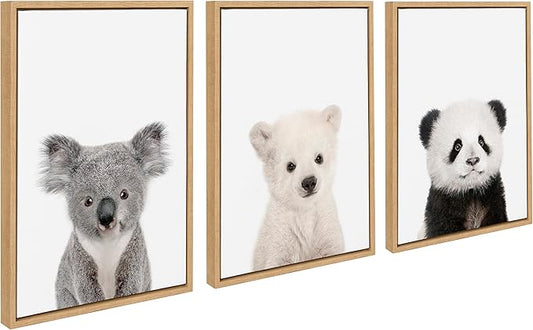Kate and Laurel Sylvie Baby Polar Bear, Baby Panda Bear and Baby Koala Bear Framed Canvas Wall Art Set by Amy Peterson Art Studio, 3 Piece Set 18x24 Natural, Baby Animal Wall Art Décor Set