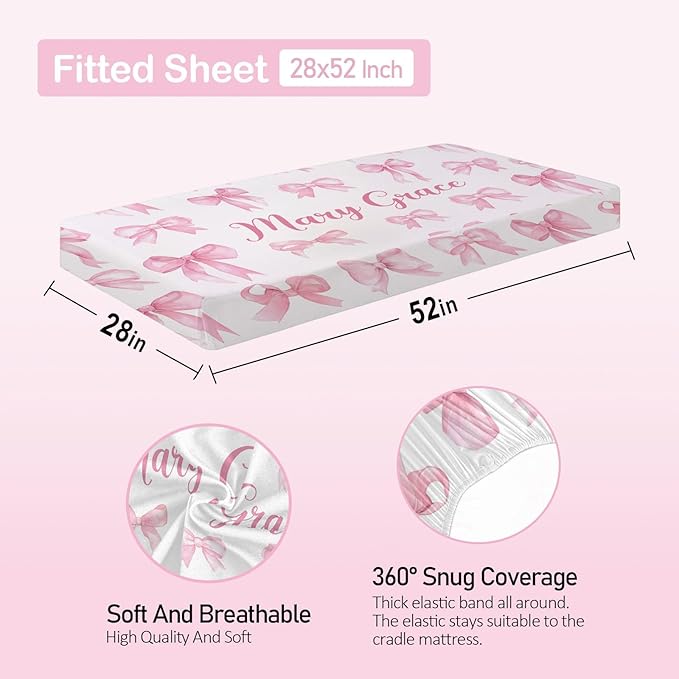 Personalized Baby Crib Bedding Set – Custom Name 4 Pcs Pink Bow Nursery Set with Minky Blanket, Fitted Sheet, Pad Cover & Rug, Soft Bedding for Girls, Ideal Shower Gift for Baby, New Parents