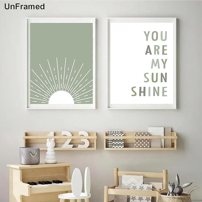 Aglcatie Boho Wall Art Poster Set of 4 Sage Green Nursery Wall Decor “You Are My Sunshine” Canvas Prints Cute Heart & Daisy Flower Posters Baby Girl Room Decor for Kids Bedroom 12x16 Inch Unframed