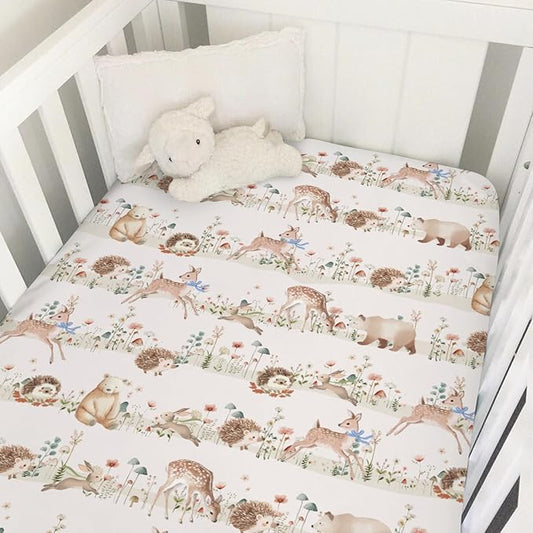 Pastel Animals Bows Floral Mushroom Baby Crib Sheets for Boy Girl Cute Bear Deer Bunny Hedgehog Soft Snug Fitted Crib Mattress Covers for 52''x28'' Standard Crib & Toddler Mattress Nursery Bed Sheets
