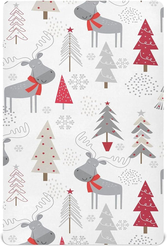 Christmas Trees Moose Crib Sheets Soft Breathable Fitted Baby Crib Sheets Mattress Cover for Girl Boys, 52" x 28" x 9"