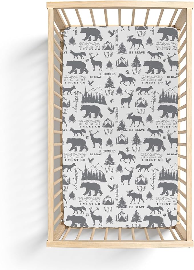 Gray Animals Baby Crib Sheets for Boy 52x28Inch Deer Bear Horse Trees Mountain Soft Stretchy Fitted Crib Mattress Cover Camping Adventure Baby Sheet for Standard Crib & Toddler Mattress