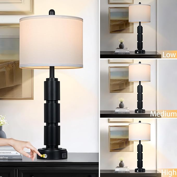 luxeflow Set of 2 Modern Table Lamps for Living Room Bedroom,29" Tall Bedside Lamp with 2 USB Port,Black Metal Touch Nightstand Lamp for Desk End Side Table Entryway,Black
