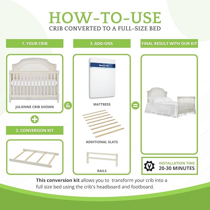 Full-Size Conversion Kit Bed Rails for Evolur Cribs - Solid Wood Crib Convertible Kit to Kids Bed - Transitional Style Rails & Easy-to-Install Child Essentials for Safety (Linen Grey)