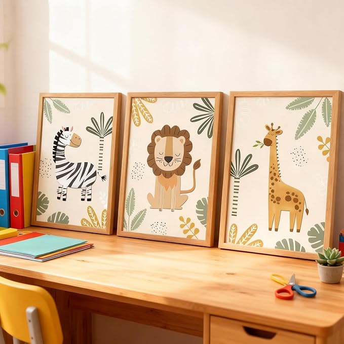 Cute Zebra Lion Giraffe Quote Framed Wall Art Set of 3, 11x16 Boho Educational Animal Wall Sign for Baby Girl Kid Boy Toddlers, Wooden Inspirational Nursery Wall Decor Natural