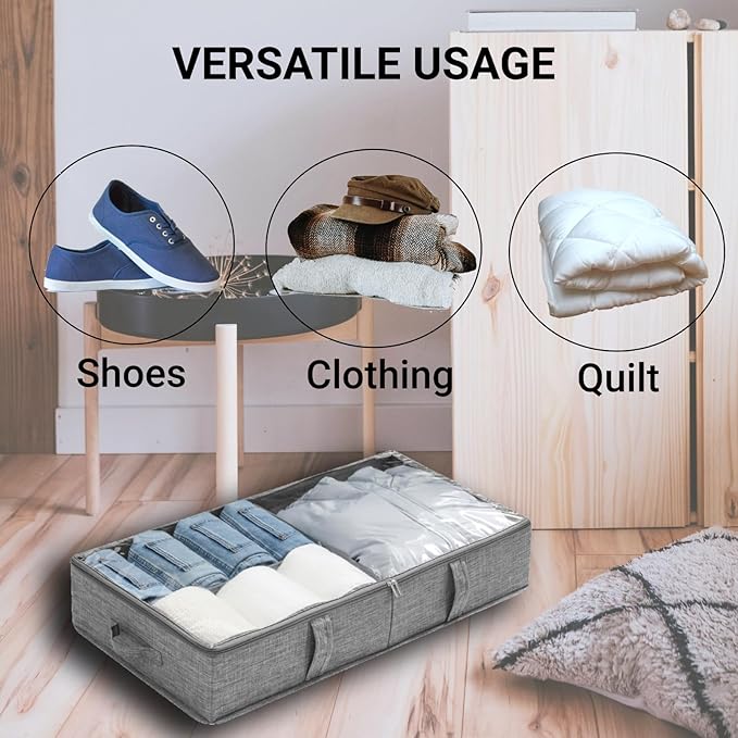 Gurajo 2 Packs Under Bed Storage Containers, Foldable Clothes Draw Organizers with Adjustable Dividers, Handles, Clear Window, Closet Storage Bins for Clothing, Shoes, Blankets
