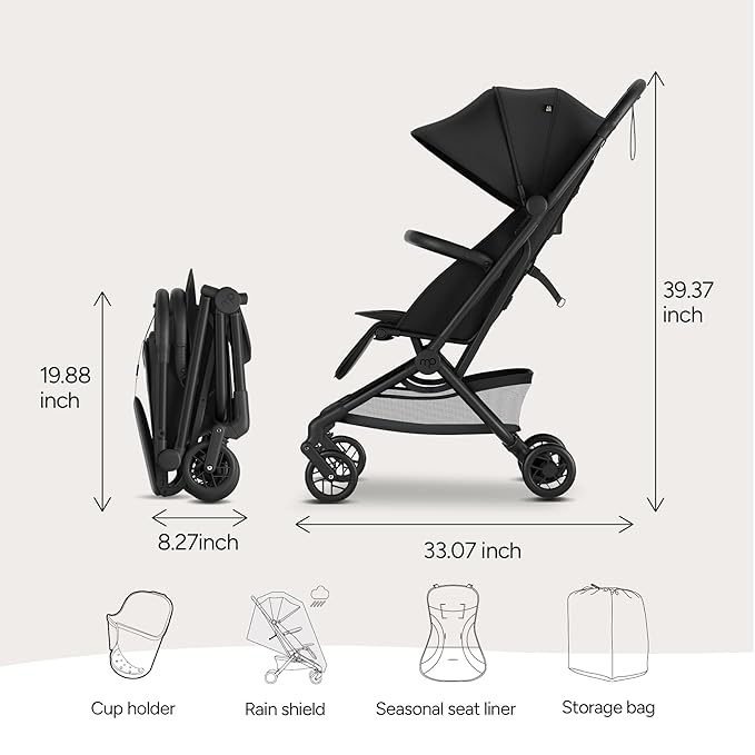 Mompush Velo Lightweight Travel Stroller, Compact & Airplane-Friendly for Baby and Toddler, Lie-Flat Seat, One-Hand Fold, with Leather Bumper Bar, Shoulder Strap, Raincover, Storage Bag & Cup Holder