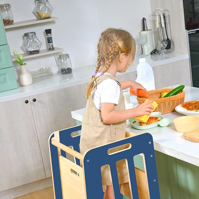 WINGYZ Toddler Tower – Adjustable Step Stool Helper for Kids 18M–6Y, Kitchen Learning Stool with Safety Rail, 3-Height Adjustable, Sliding Door, Full Support Foot, Wooden Updated Design, Dark Blue