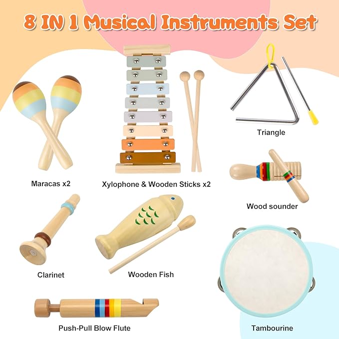 Baby Musical Instruments-Montessori Wooden Toys for Toddlers Age 3 Neutral Colors Percussion Instruments Set with Modern Boho Xylophone for Kids Preschool Educational, Includes Storage Bag