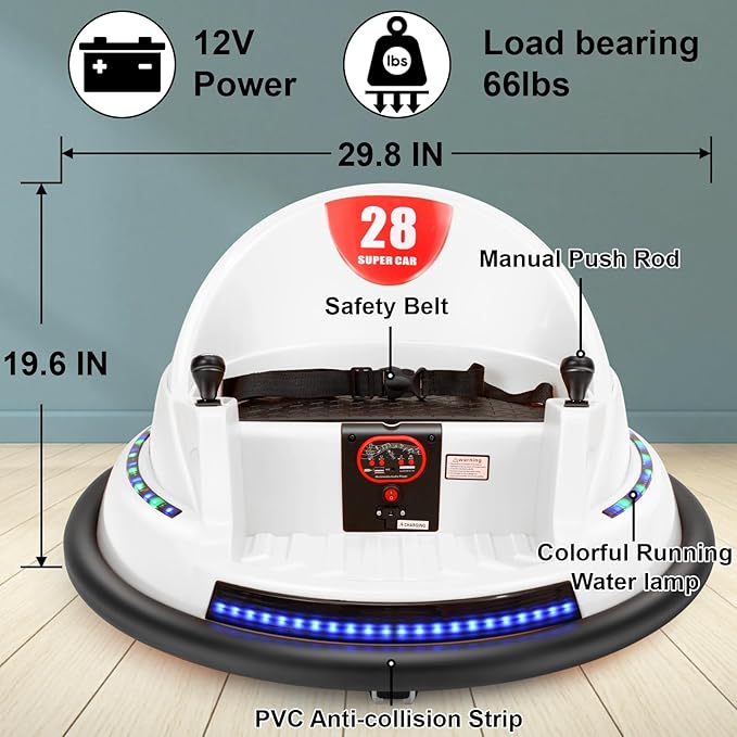 Edostory Electric Ride On Bumper Car Kids 12V 3-Speeds for Toddlers, 1.5-8 Years Old Baby Bumping Toy Cars, DIY Sticker Baby Toy Gifts, Remote Control, Bluetooth, 360 Spin ASTM-Certified White