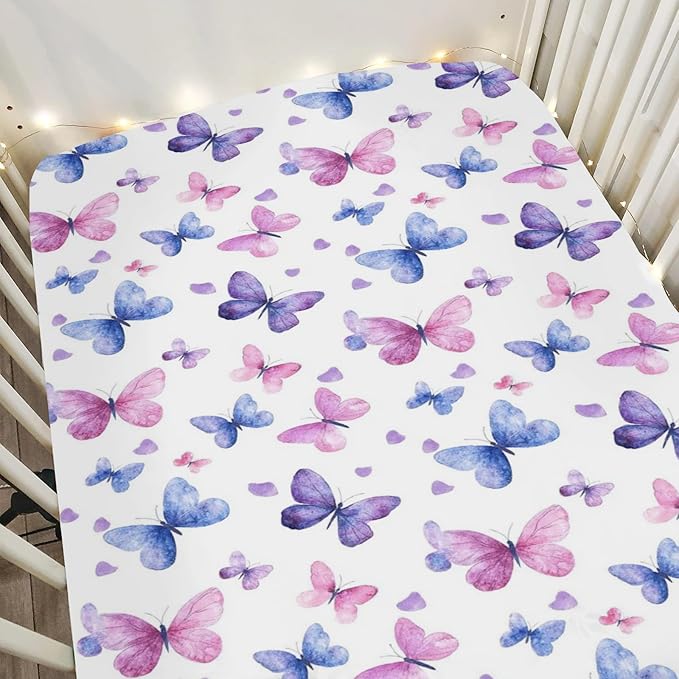 Purple and Pink Butterflies Baby Crib Sheets for Boy Girl 52x28 Watercolor Butterflies Soft Stretchy Fitted Crib Mattress Cover Colorful Butterflies Baby Sheet for Standard Crib and Toddler Mattress