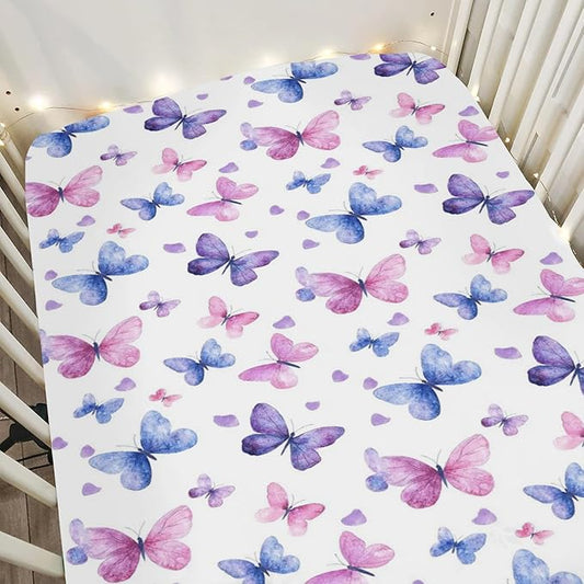 Purple and Pink Butterflies Baby Crib Sheets for Boy Girl 52x28 Watercolor Butterflies Soft Stretchy Fitted Crib Mattress Cover Colorful Butterflies Baby Sheet for Standard Crib and Toddler Mattress