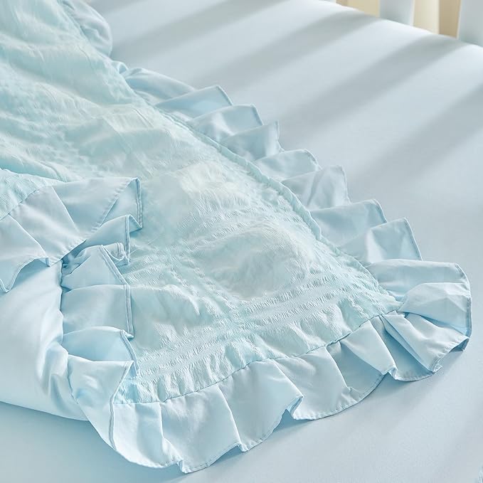 Ruffled Crib Bedding Set Baby Boho Quilted Comforter with Fitted Sheet and Bed Skirt - Cute Soft Breathable Seersucker Ruffled Shabby Chic Bedding Soft Blanket Design - Blue
