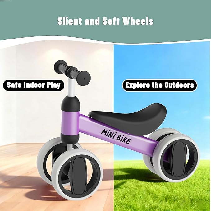 SIMATE Balance Bike Toys for 1 Year Old Boys Girls, 12-24 Month Toddler Ride on Toys, 4 Silent Wheels & Soft Seat, First Birthday Gifts for Baby Girls Boys