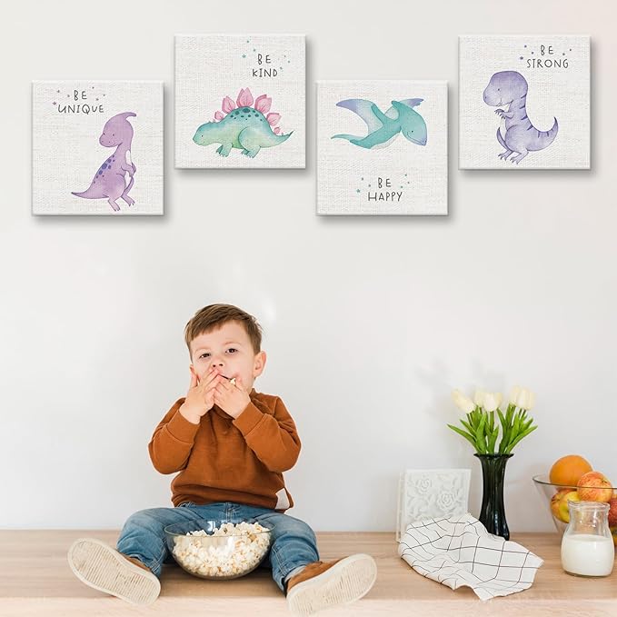 Cute Watercolor Dinosaur Prints Inspirational Motivational Quotes Canvas Wall Art Nursery Decor Wall Decor Funny Poster Artwork for Kids Room Classroom Bedroom Decoration (4PCS,Framed,7.9x7.9IN)