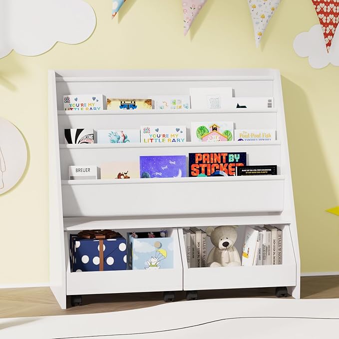 HedoAjim Kids Bookshelf with Two Movable Drawers Toddler Bookcase with Toy Storage Organizer Child Sling Book Rack Baby Cabinet Chest with Wheels for Nursery,Playroom,Bedroom,Living Room,Classroom