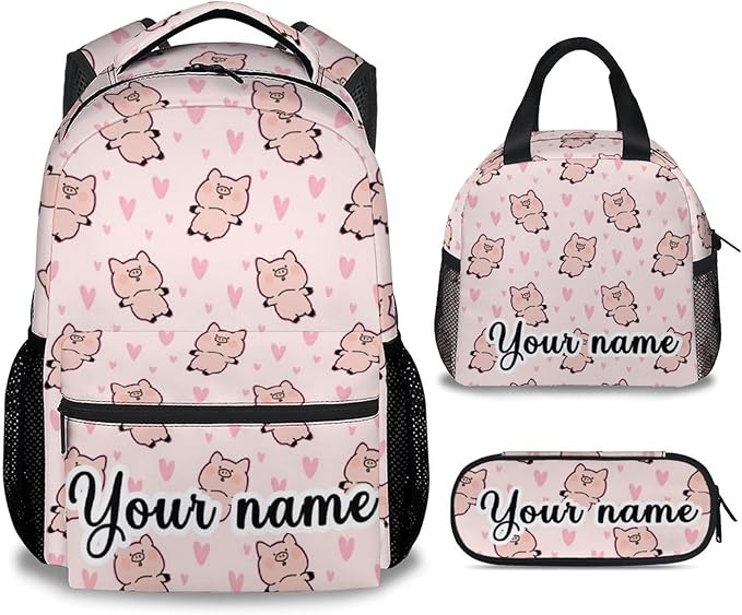 AIOMXZZ Personalized Pig Backpack with Lunch Box and Pencil Case, 16 Inch Cute Pig Bookbag Durable, Lightweight, Large Capacity, Funny Animal Backpack for School Girls Kids Women