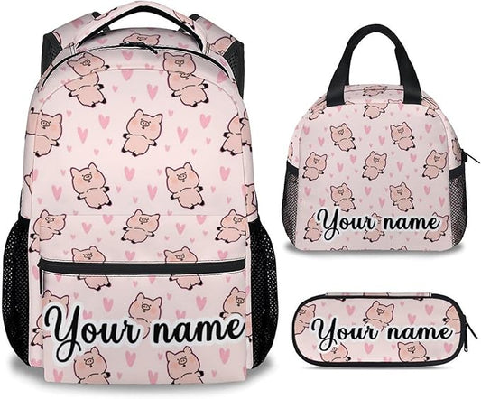 AIOMXZZ Personalized Pig Backpack with Lunch Box and Pencil Case, 16 Inch Cute Pig Bookbag Durable, Lightweight, Large Capacity, Funny Animal Backpack for School Girls Kids Women