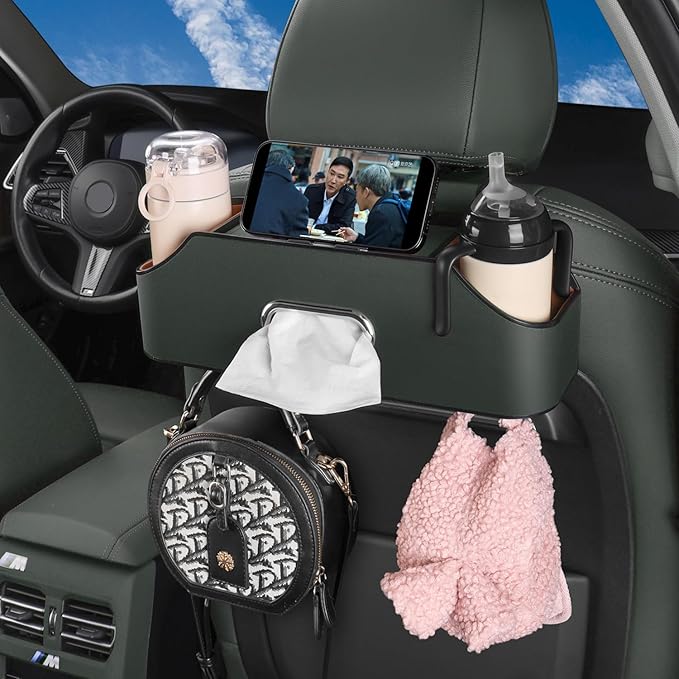 HALOYIVGO Car Seat Back Organizer - Stylish & Functional Storage for Family Adventures - Cup Holders, Tissue Box & Hooks - Perfect for Kids, Road Trips & Travel (Emeralds)