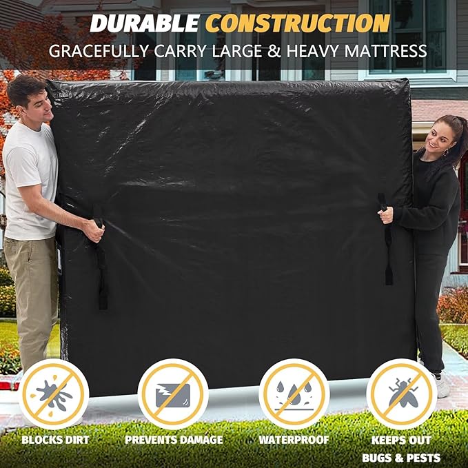 Mattress Bags for Moving and Storage, BETU Waterproof Mattress Protector Full XL Mattress Cover with 8 Heavy Duty Handles and Zipper Extra Thick Moving Supplies for Bed (2 Pack:82x57x13.5 Black)