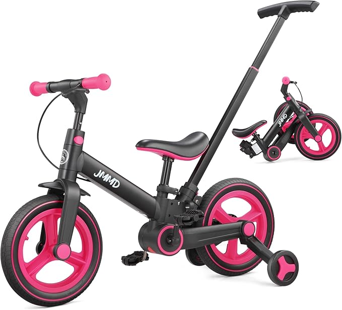 JMMD 6 in 1 Toddler Bike with Push Handle for Kids 18-60 Months, 12" Foldable Balance Bike with Training Wheels, Pedals, Brakes, Kickstand, Push Tricycle Toddler Gift & Toys for Boy & Girl