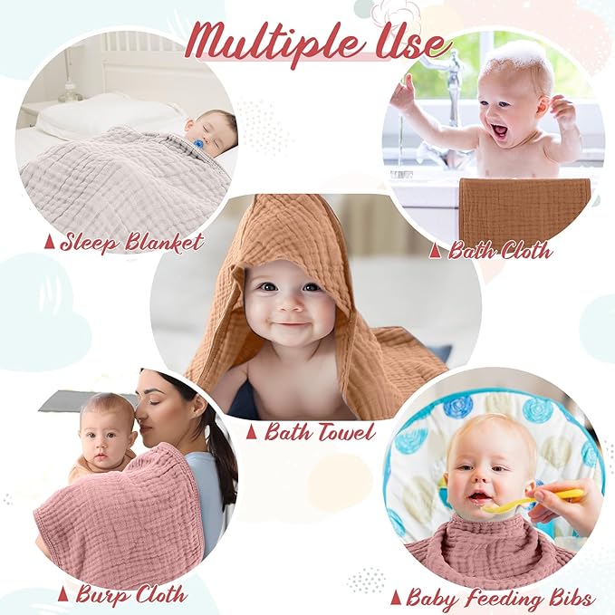 VitalCozy 8 Pcs Baby Muslin Hooded Bath Towels and Washcloths Muslin Cotton Hooded Baby Towels Absorbent Blankets for Gift Newborn Infant Shower (32 x 32 Inch,Warm Colors)