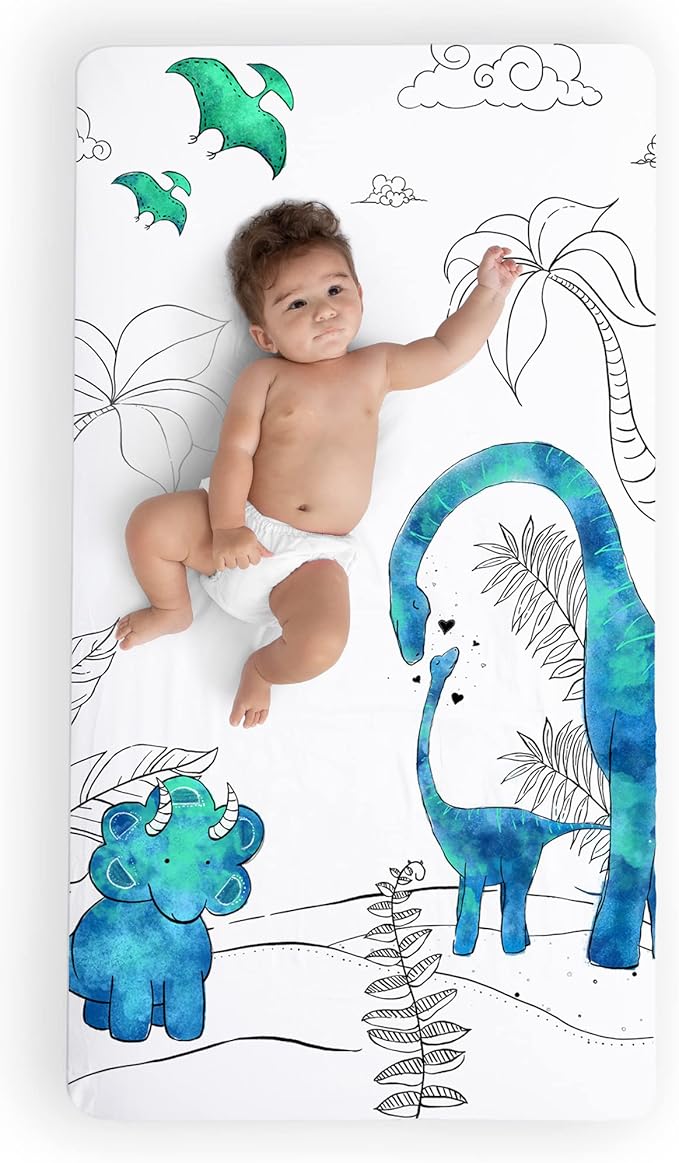 JumpOff Jo - Fitted Crib Sheet, Super Soft Breathable 100% Cotton Baby Crib Sheet for Standard Crib Mattresses and Toddler Beds, 28 in. x 52 in. - Blue Dinosaur