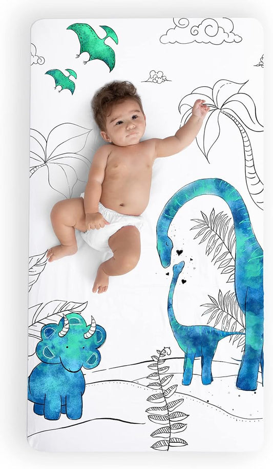 JumpOff Jo - Fitted Crib Sheet, Super Soft Breathable 100% Cotton Baby Crib Sheet for Standard Crib Mattresses and Toddler Beds, 28 in. x 52 in. - Blue Dinosaur