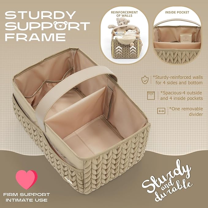 LUKJOJO Luxurious Baby Diaper Caddy, Nursery Storage Basket for Newborn Essentials, Travel Baby Basket for Diapers Baby Wipes, Organizer Tote Bag Storage Bin, Baby Shower Gifts(Beige)
