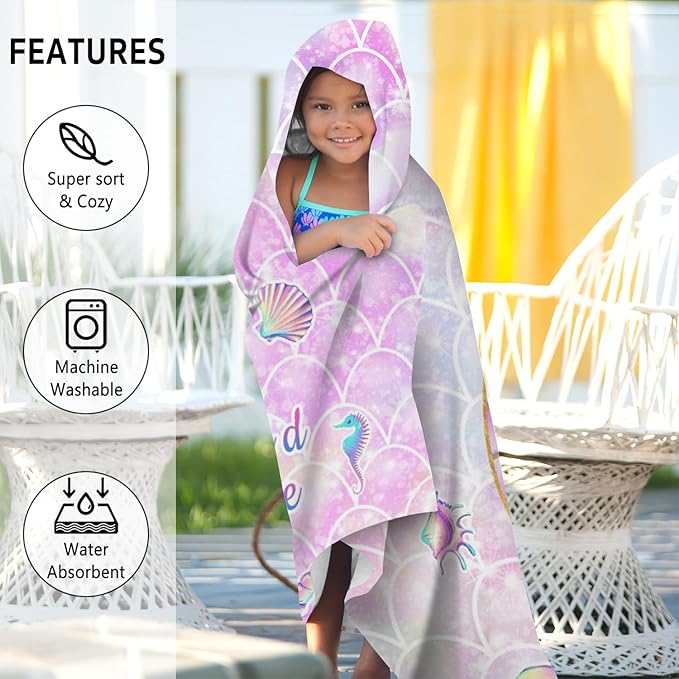 Thickened Hooded Towels for Kids Suitable Girls Boys Kids Bath Towels, 30"x50" Super Absorbent, Mermaid Tail Cute Cartoon Toddler Towels Multi-Purpose for Beach, Pool and Bathroom
