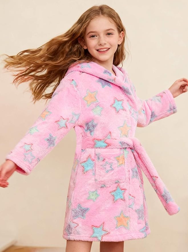SANGTREE Boys Girls Robe Fleece Hooded Soft Toddler Bathrobe Cute Boys Bathrobe Fuzzy Plush Robes for Kids, 2-12 Years