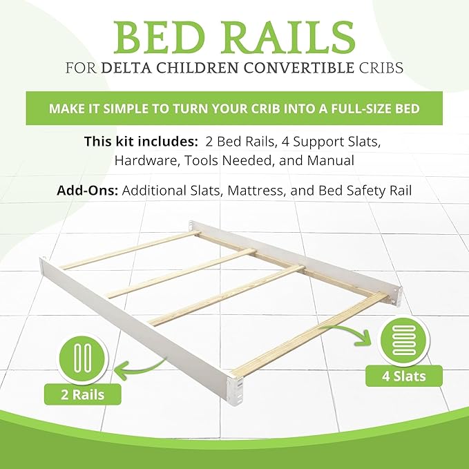 Full-Size Conversion Kit Bed Rails Compatible with Delta Children Convertible Cribs - Solid Wood Rail #0050 - Toddler and Adult Bed Rail for Full-Size Beds - Baby Furniture (White Ambiance - 108)