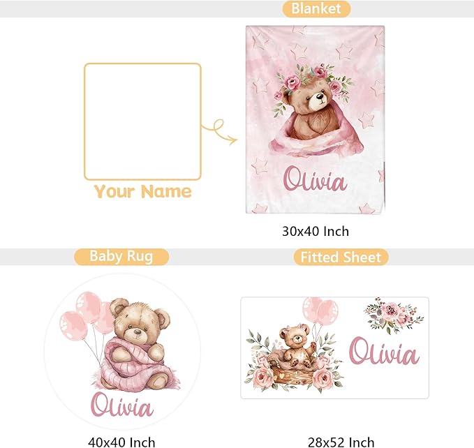 Personalized Baby Crib Bedding Set, 3 Pcs Custom Nursery Bedding Set with Name, Soft Double Layer Baby Crib Set for Girls Boys, Customized for Toddlers Infants, Pink Bear