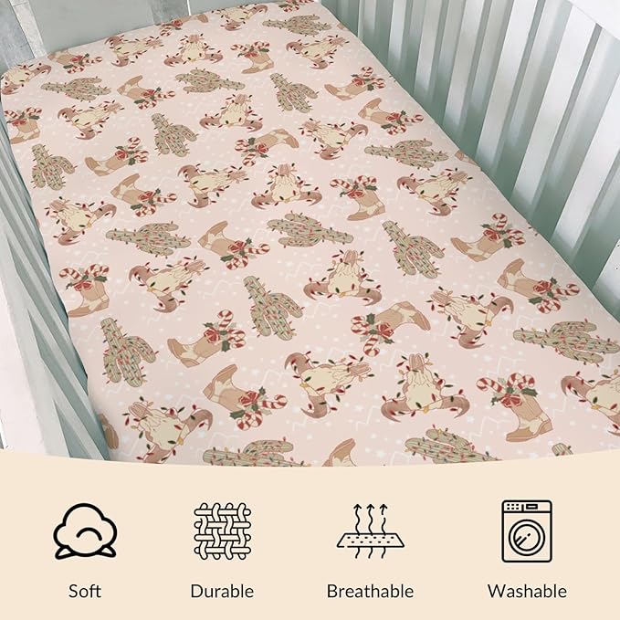 Boho Western Christmas Cowboy Baby Crib Sheets Pastel Western Cowboy Boots Cow Skull Cactus Candy Cane Fitted Crib Mattress Cover Wild West Desert Toddler Baby Sheet for Standard Crib 28x52in